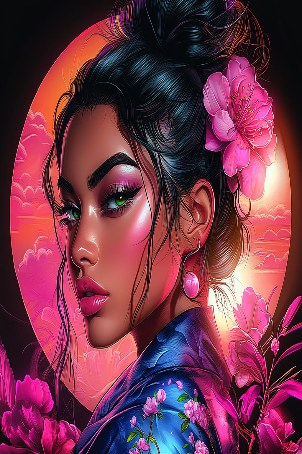 Neon Blossom Eclipse — Premium Digital Art Print