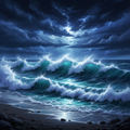 Powerful beach landscape — massive crashing waves, stormy cobalt and indigo sky, dark luxury editorial art